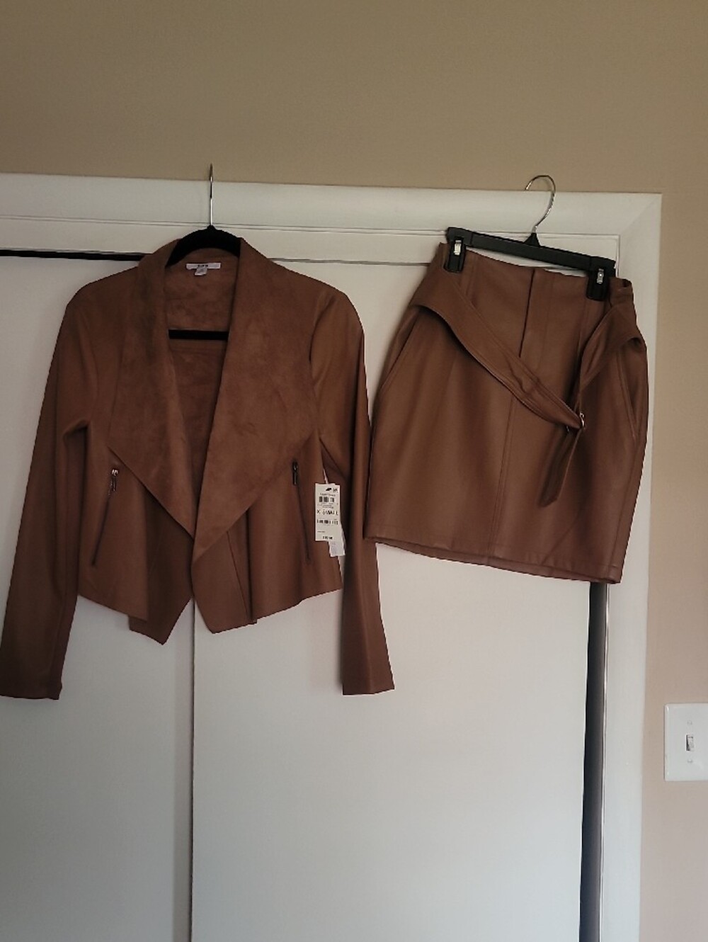 Faux Leather Drape Collar Jacket - Clove Spice Color And Skirt